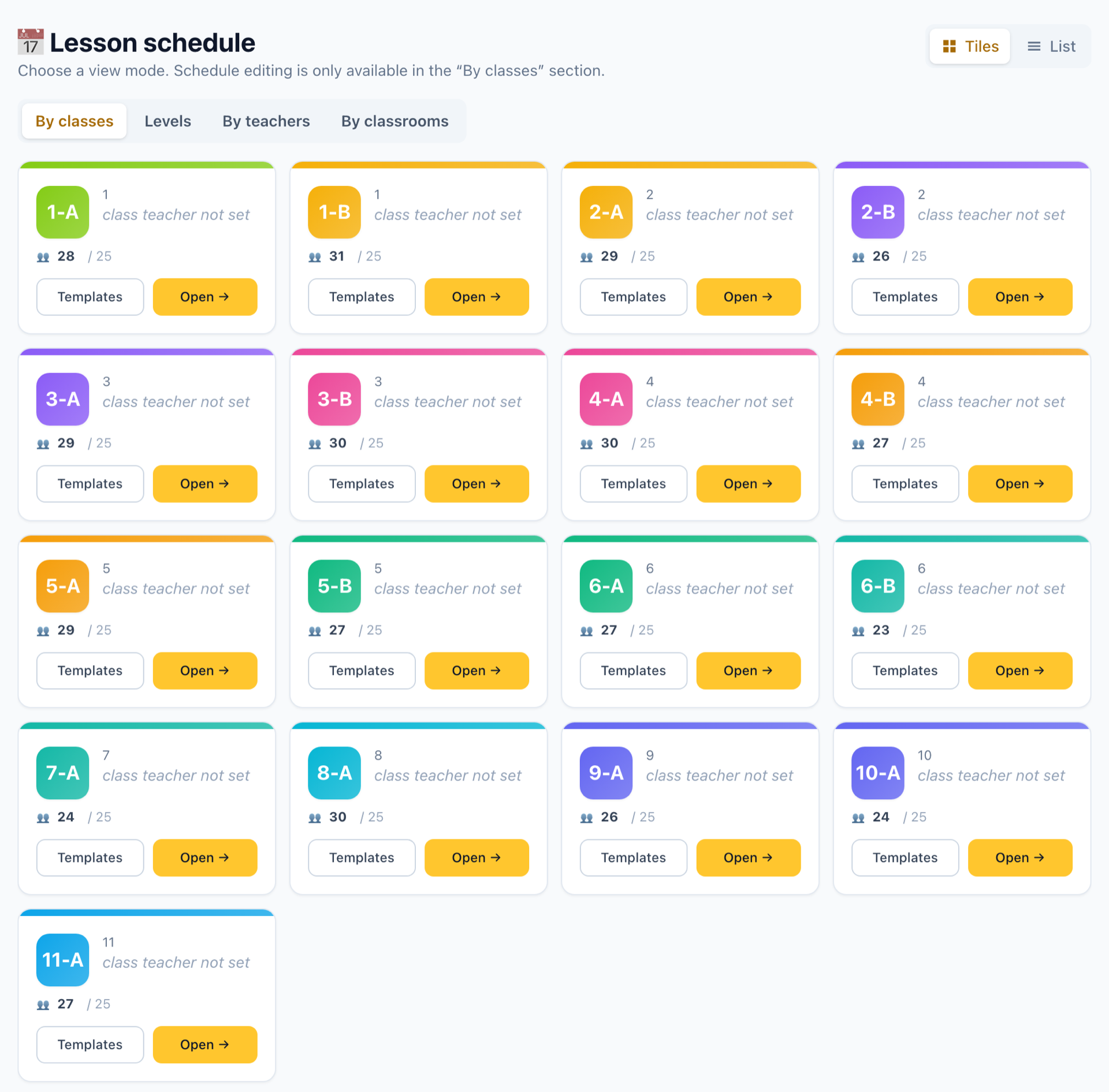 Lesson schedule across all classes